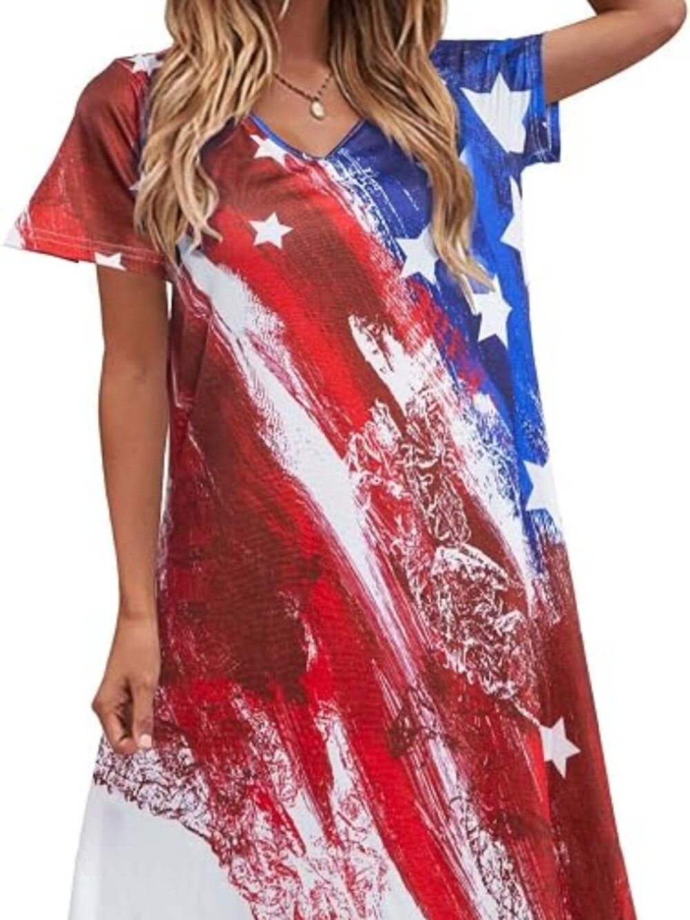 American Flag Star Print Tunic Dress | Red, White & Blue | V-Neck | Size L
